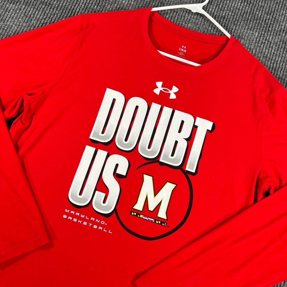 Maryland Terrapins Basketball Shirt Mens Large Red Under Armour Long Sleeve NCAA